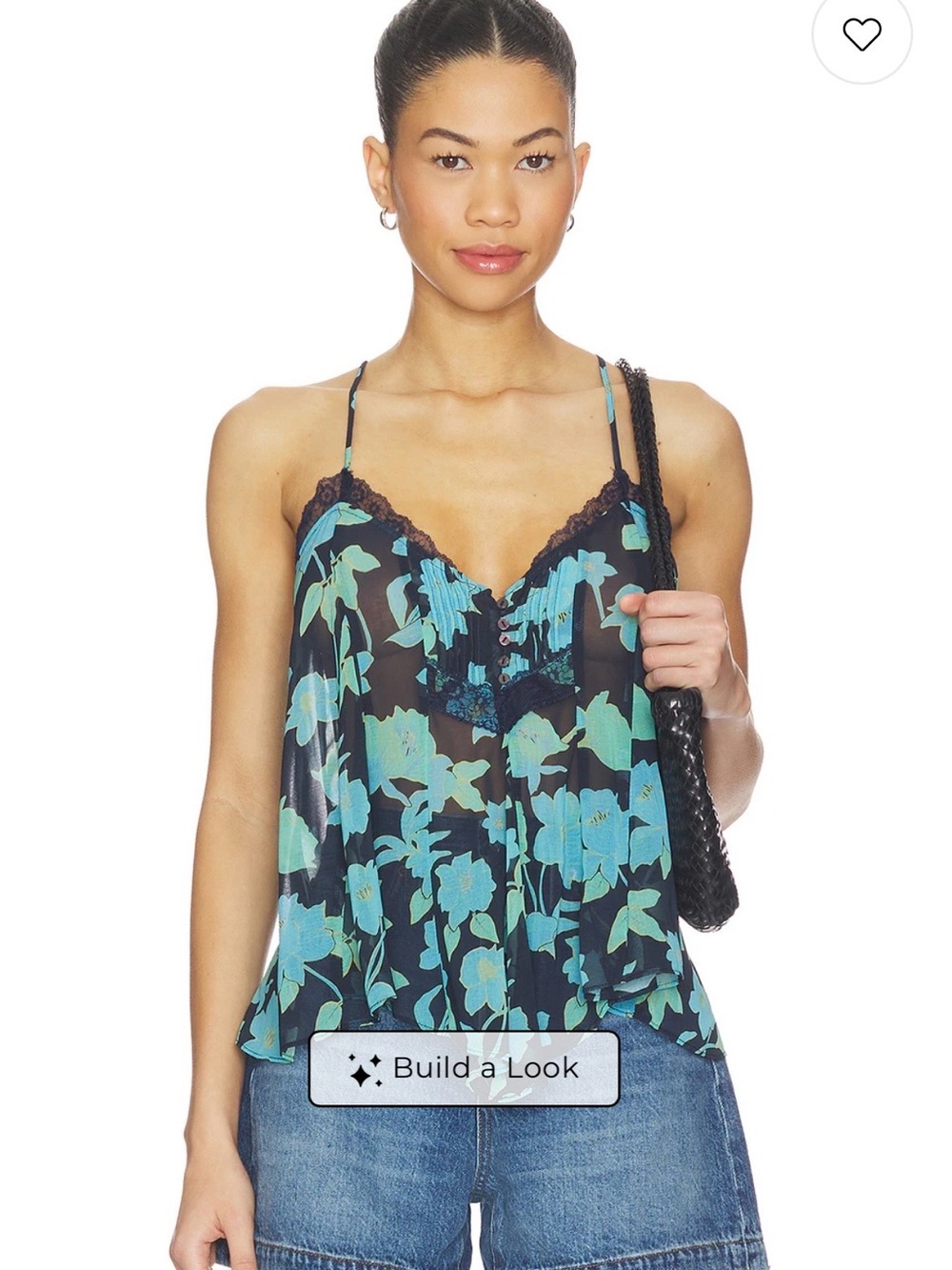 Free People Black Camisole with Teal Floral Print